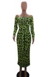 Fluorescent green Polyester Fashion adult Sexy Cap Sleeve Long Sleeves One word collar Step Skirt Mid-Calf bandage Leo
