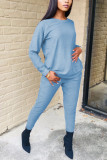 Light Blue Casual Solid Split Joint O Neck Long Sleeve Two Pieces