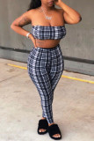 Cyan Sexy Casual Plaid Print Backless Strapless Sleeveless Two Pieces