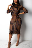 White Sexy Fashion Cap Sleeve Long Sleeves O neck Pencil Dress Knee-Length Print chain Patchwork