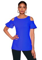 Blue Fashion Butterfly Sleeve O-Neck Short Hollow Out Ruffles Solid Patchwork Regular Tees & T-shirts