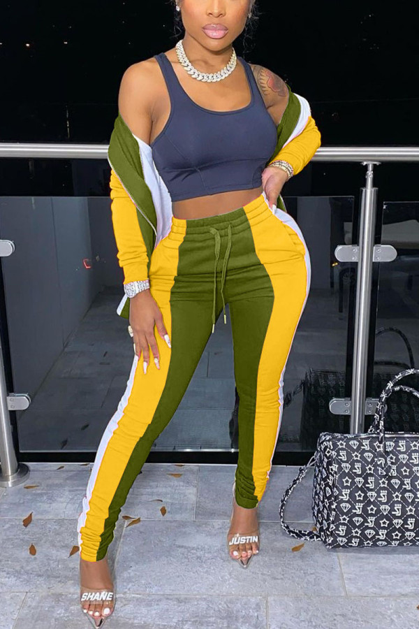 Army Green Casual Print Patchwork Zipper Collar Long Sleeve Two Pieces