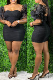 Black Fashion Sexy Solid Patchwork Backless Strapless Short Sleeve Dress