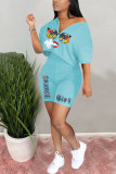 Blue Milk Silk Fashion Casual Patchwork Print Two Piece Suits pencil Short Sleeve Two Pieces