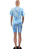 rose red Polyester Fashion Casual adult Ma'am Patchwork Print Tie Dye Two Piece Suits Straight Short Sleeve Two Pieces