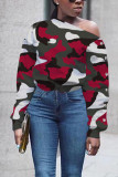 Red Sexy Print Camouflage Print O Neck Mid Waist Tops