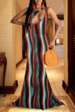Multi-color Fashion Sexy Print Hollowed Out Backless One Shoulder Sleeveless Dress