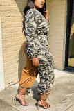 Yellow Fashion Casual Camouflage Print Patchwork O Neck Long Sleeve Two Pieces