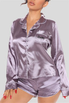 Purple Casual Living Letter Embroidery Basic Turndown Collar Long Sleeve Two Pieces