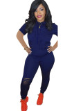 Dark Blue Polyester Fashion Active adult Ma'am Patchwork Solid Burn-out asymmetrical Two Piece Suits HOLLOWED OUT pencil Short Sleeve Two Pieces