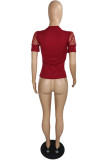 Red Fashion Casual Embroidery Patchwork O Neck Tops