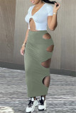 Yellow Fashion Sexy Solid Hollowed Out Asymmetrical V Neck Short Sleeve Two Pieces