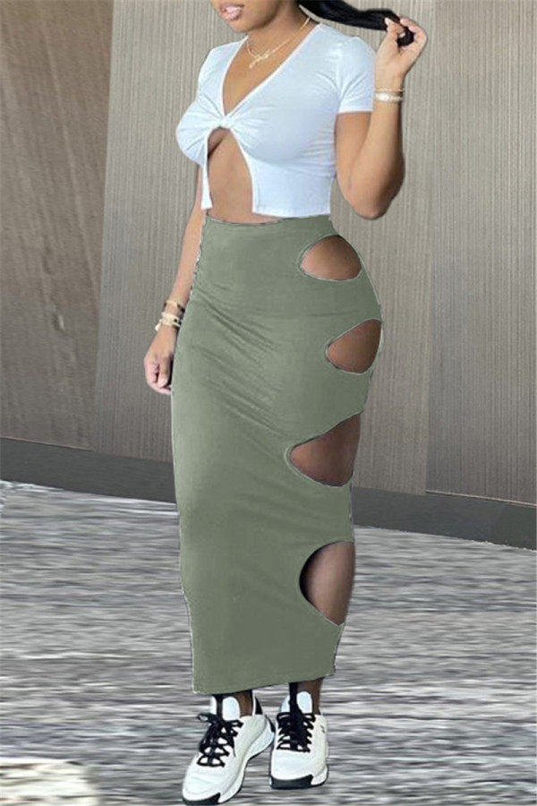 Green Fashion Sexy Solid Hollowed Out Asymmetrical V Neck Short Sleeve Two Pieces