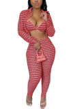 Pink Polyester OL Print Plaid Three-Piece Suits pencil Long Sleeve