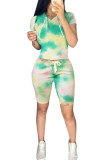Light Green venetian Fashion Casual Print Tie Dye Two Piece Suits pencil Short Sleeve Two Pieces