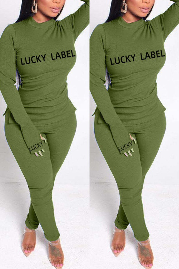 Green Casual Solid Embroidered O Neck Long Sleeve Two Pieces