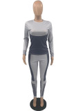 Grey Fashion Casual Adult Print Patchwork O Neck Long Sleeve Regular Sleeve Regular Two Pieces