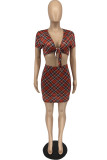 Red Fashion Sexy Print Basic V Neck Short Sleeve Two Pieces