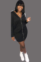 Black Polyester Sexy Cap Sleeve Long Sleeves Hooded Step Skirt skirt Patchwork chain Solid Club Dresses
