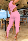 Pink Sexy Casual Solid Slit Asymmetrical Turtleneck Sleeveless Two Pieces