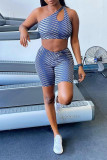 Light Purple Sexy Sportswear Print Hollowed Out Backless One Shoulder Sleeveless Two Pieces