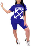 Royal blue Fashion Casual adult Ma'am Letter Patchwork Print Two Piece Suits Straight Short Sleeve Two Pieces