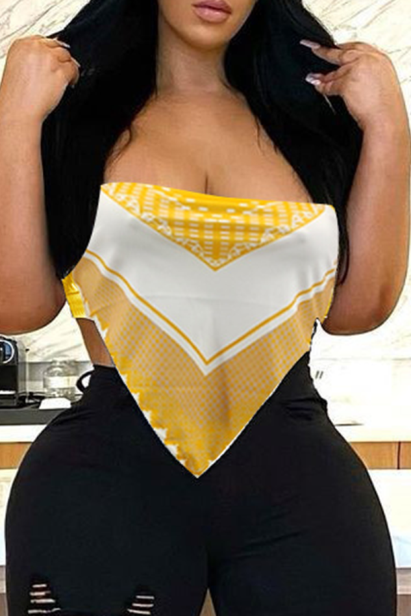 Golden Yellow Sexy Print Bandage Strapless Tops