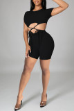 Grey Fashion Sexy Solid Hollowed Out Strap Design O Neck Regular Romper
