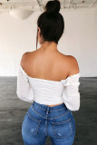 White V Neck Long Sleeve Patchwork crop top Solid