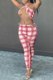 Rose Red Sexy Plaid Print Backless Halter Sleeveless Two Pieces