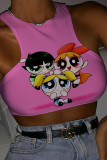 Pink O Neck Sleeveless Letter Print Character Tops