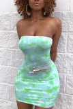 Light Blue Milk. Fashion Sexy adult Ma'am Green Pink Light Blue Light Purple Off The Shoulder Sleeveless Wrapped chest Step Skirt skirt Print Tie and dye Dresses
