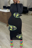 Leopard Print Sexy Print Patchwork O Neck Pencil Skirt Dresses