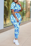 Blue Fashion Casual Tie Dye Printing O Neck Short Sleeve Two Pieces