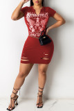 Cyan Fashion Sexy Print Ripped V Neck Short Sleeve Dress