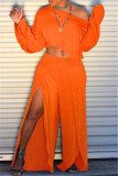 Orange Fashion Casual Solid Split Joint Slit Oblique Collar Long Sleeve Two Pieces