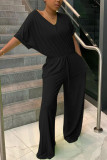 Green Fashion Casual Solid Polyester Short Sleeve O Neck Jumpsuits