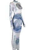 White Casual Print Patchwork See-through O Neck Pencil Skirt Dresses