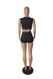 Black Fashion Casual Letter Print Basic O Neck Short Sleeve Two Pieces