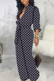 Dark Blue Sexy Print Patch V Neck Loose Jumpsuits