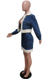 Peacock Blue Sexy Patchwork Split Joint Turndown Collar Long Sleeve Two Pieces
