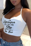 White Fashion Sexy Letter Print Backless Halter Tops