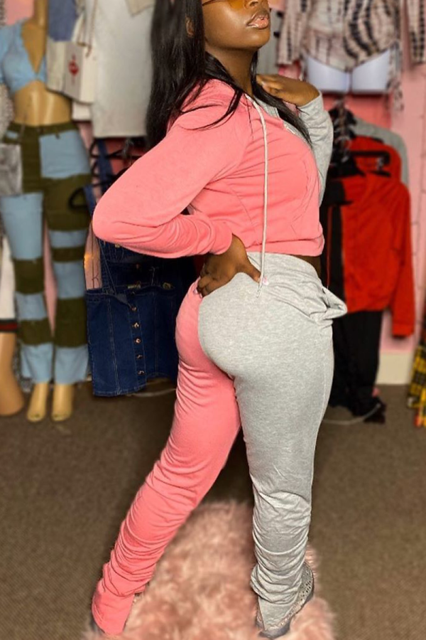 Pink Sportswear Patchwork Draw String Hooded Collar Long Sleeve Two Pieces