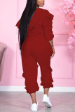 Red Fashion Casual Solid Basic Hooded Collar Long Sleeve Two Pieces