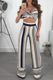 Navy Striped Mid Waist Two-piece suit