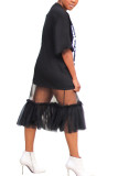 Black Fashion adult Ma'am Street Cap Sleeve Half Sleeves O neck Princess Dress Mid-Calf Print Patchwork Mesh Dresses