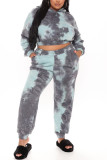 Gray Blue Fashion Casual Print Tie-dye Hooded Collar Long Sleeve Two Pieces