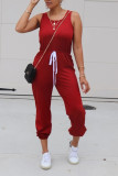 Red Sexy Solid Cotton Blend Sleeveless Jumpsuits