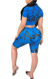 Lake Blue Fashion Casual adult Ma'am Patchwork Print Two Piece Suits Straight Short Sleeve Two Pieces