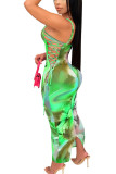 Green Polyester Sexy Spaghetti Strap Sleeveless Slip Step Skirt Ankle-Length Print Mesh bandage perspective hollow out Dresses